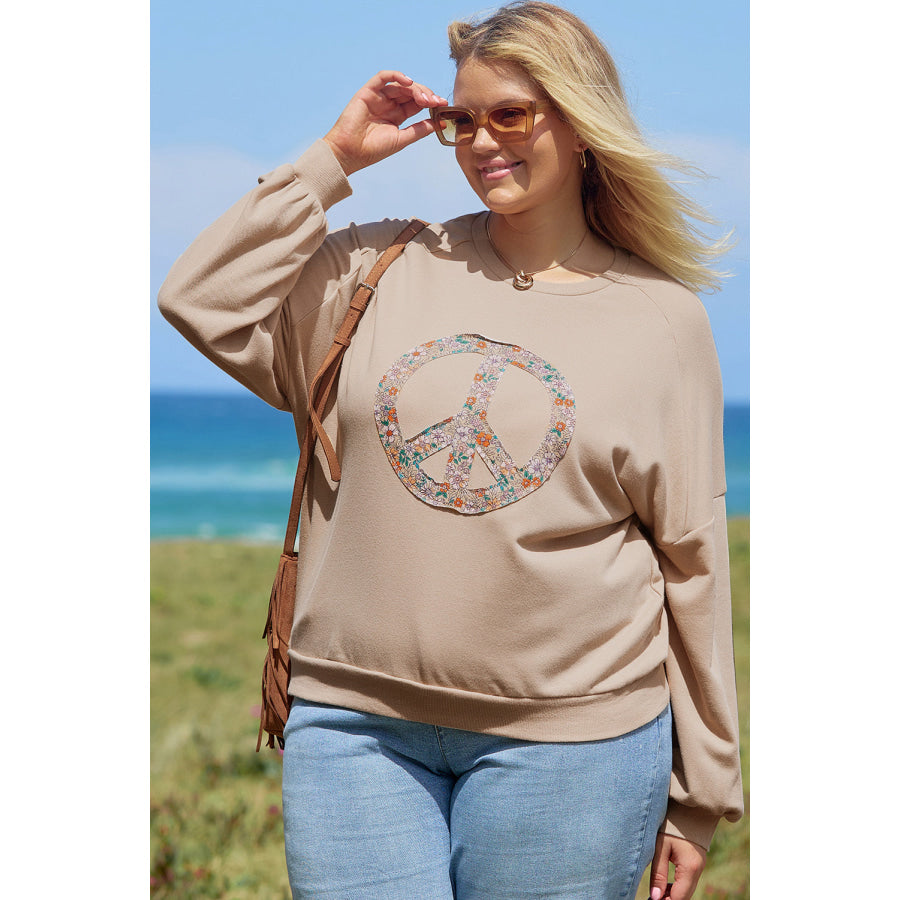 Pale Khaki Floral Peace Sign Graphic Washed Terry Plus Size Sweatshirt Plus Size/Plus Size Sweatshirts & Hoodies