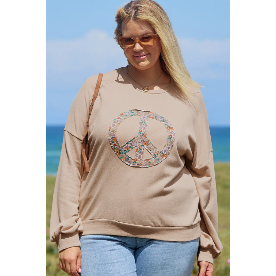 Pale Khaki Floral Peace Sign Graphic Washed Terry Plus Size Sweatshirt Plus Size/Plus Size Sweatshirts & Hoodies