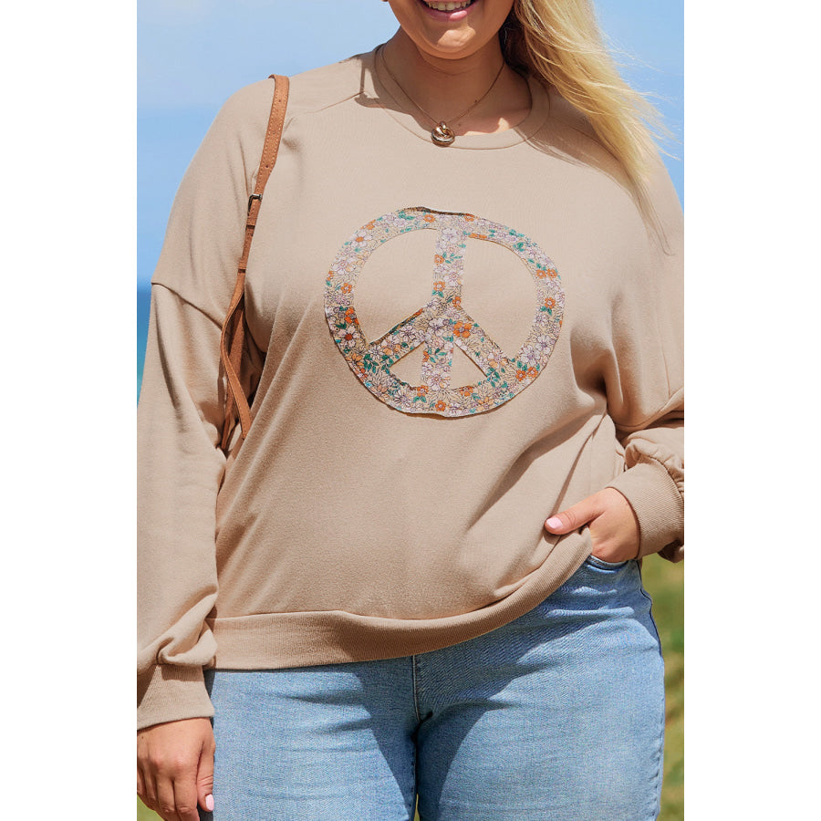 Pale Khaki Floral Peace Sign Graphic Washed Terry Plus Size Sweatshirt Plus Size/Plus Size Sweatshirts & Hoodies