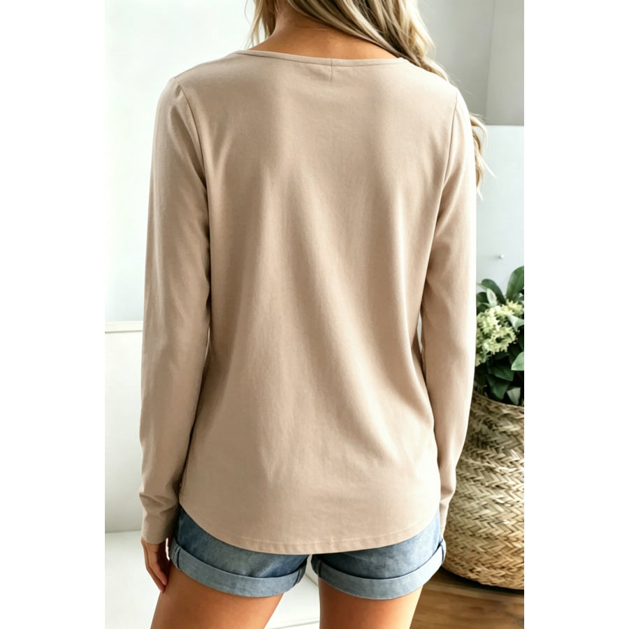 Pale Khaki Patchwork Long Sleeve Shift Top Pale Khaki / S / 62% Polyester + 32% Cotton + 6% Elastane Tops/Long Sleeve Tops