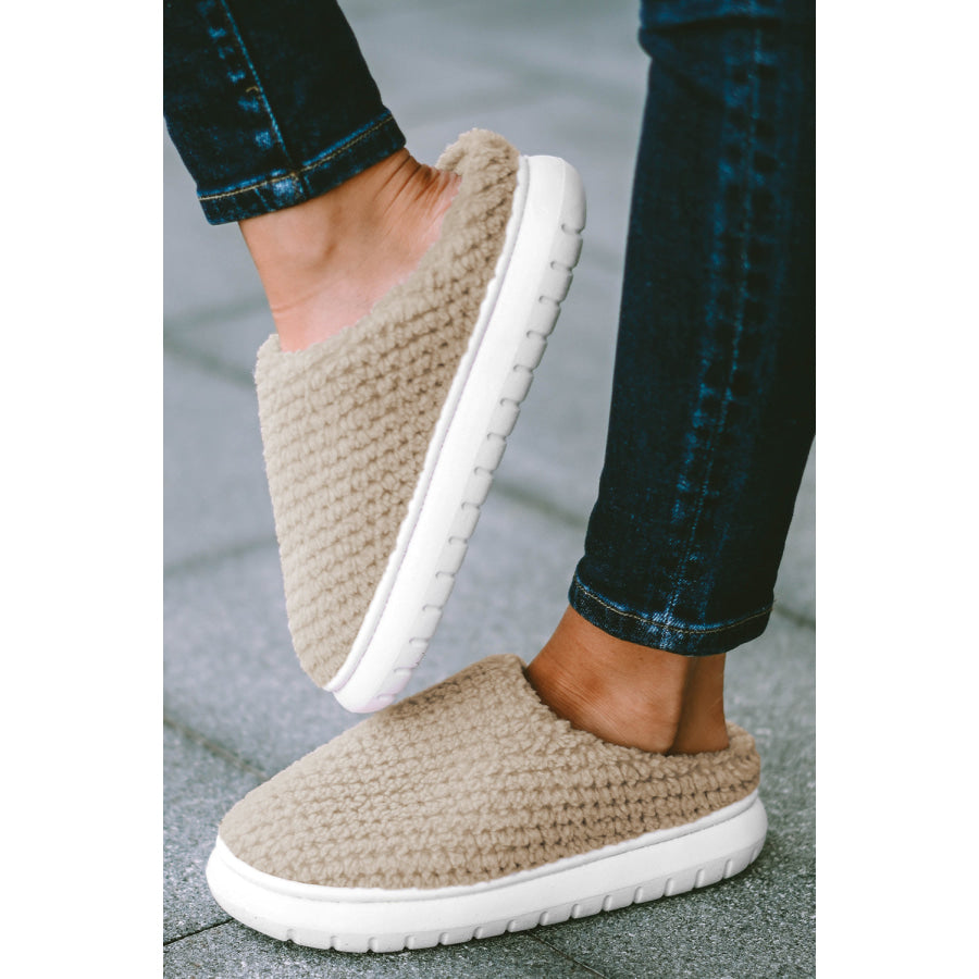 Pale Khaki Two-tone Knitted Warm Homewear Slippers Apricot khaki / 37 / 100% Cotton Shoes &amp; Bags/Slippers