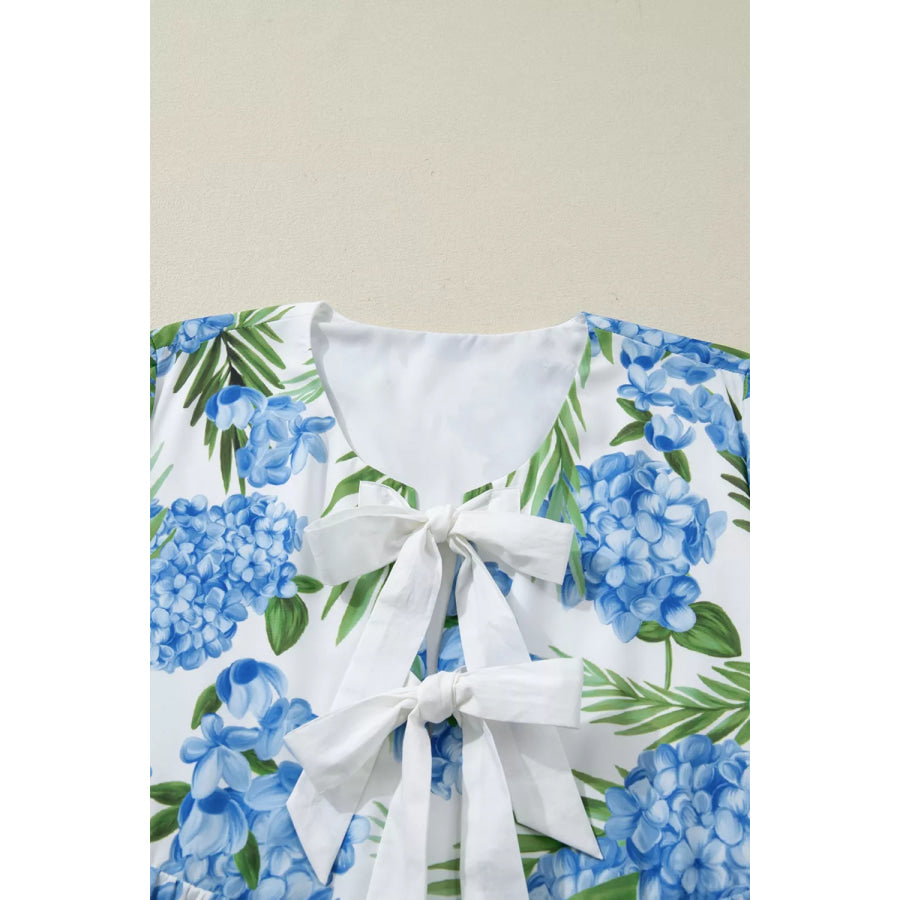 Palm Floral Print Contrast Ribbon Knot Ruffle Tiered Sleeve Mini Dress Apparel and Accessories
