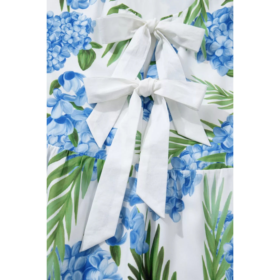 Palm Floral Print Contrast Ribbon Knot Ruffle Tiered Sleeve Mini Dress Apparel and Accessories