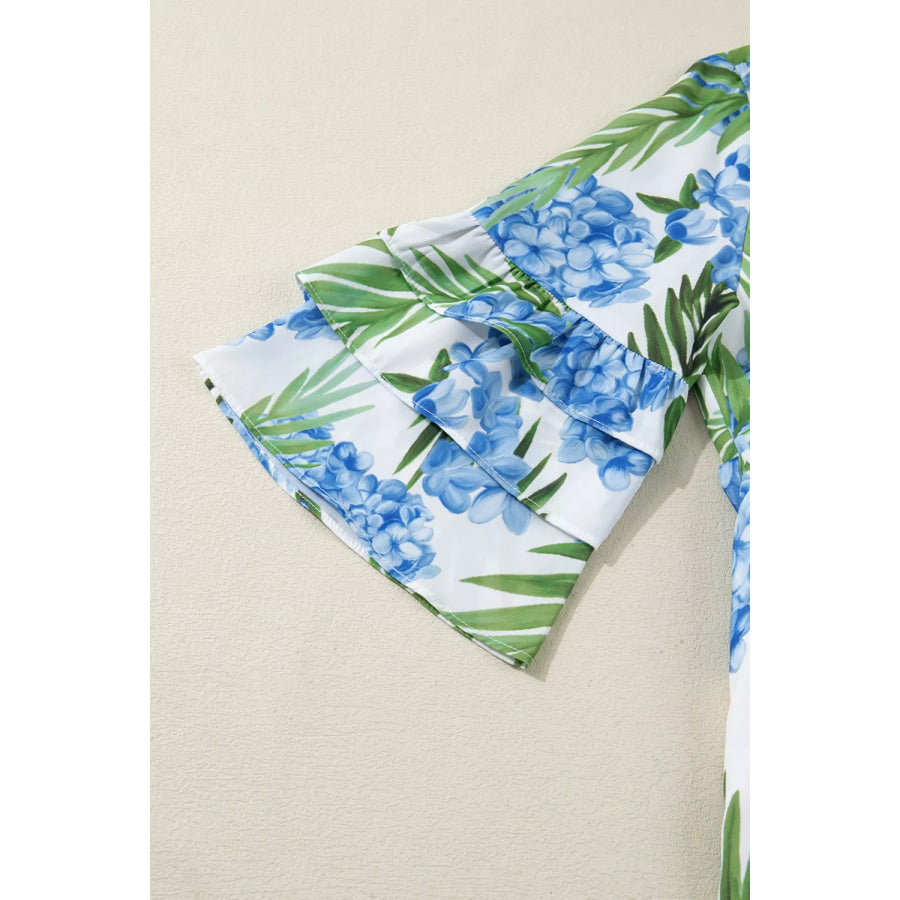 Palm Floral Print Contrast Ribbon Knot Ruffle Tiered Sleeve Mini Dress Apparel and Accessories