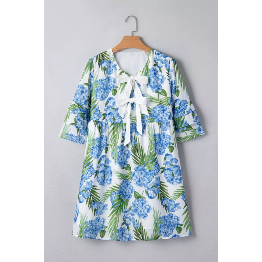 Palm Floral Print Contrast Ribbon Knot Ruffle Tiered Sleeve Mini Dress Apparel and Accessories