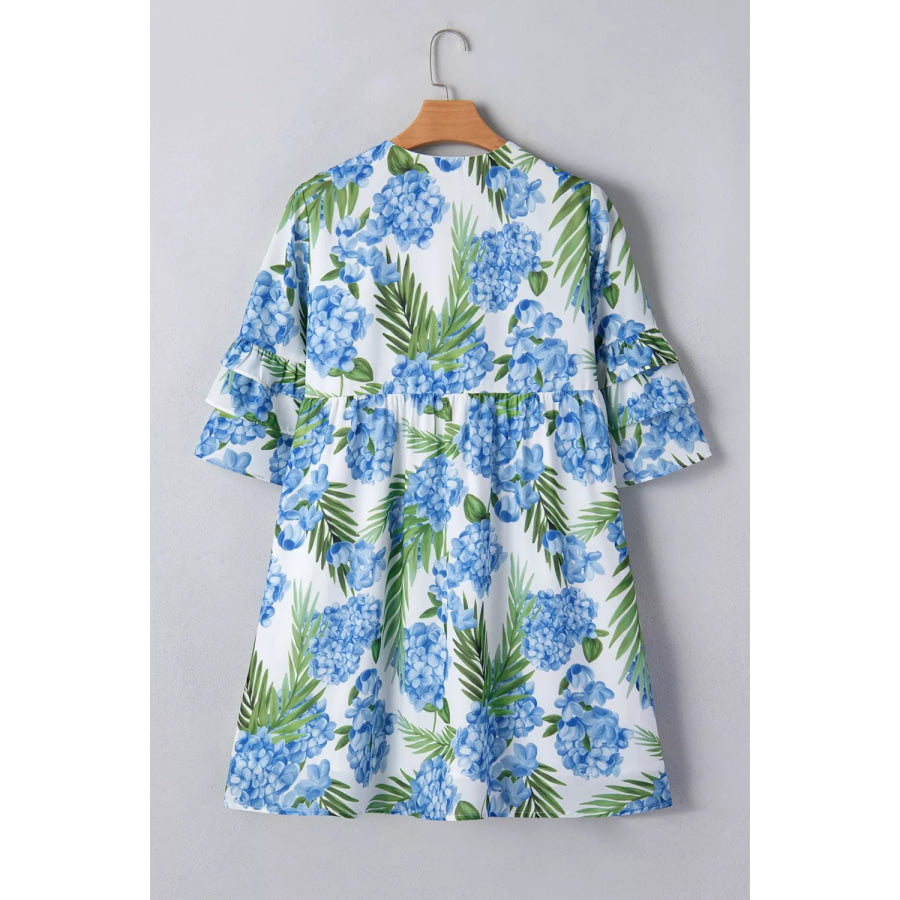 Palm Floral Print Contrast Ribbon Knot Ruffle Tiered Sleeve Mini Dress Apparel and Accessories