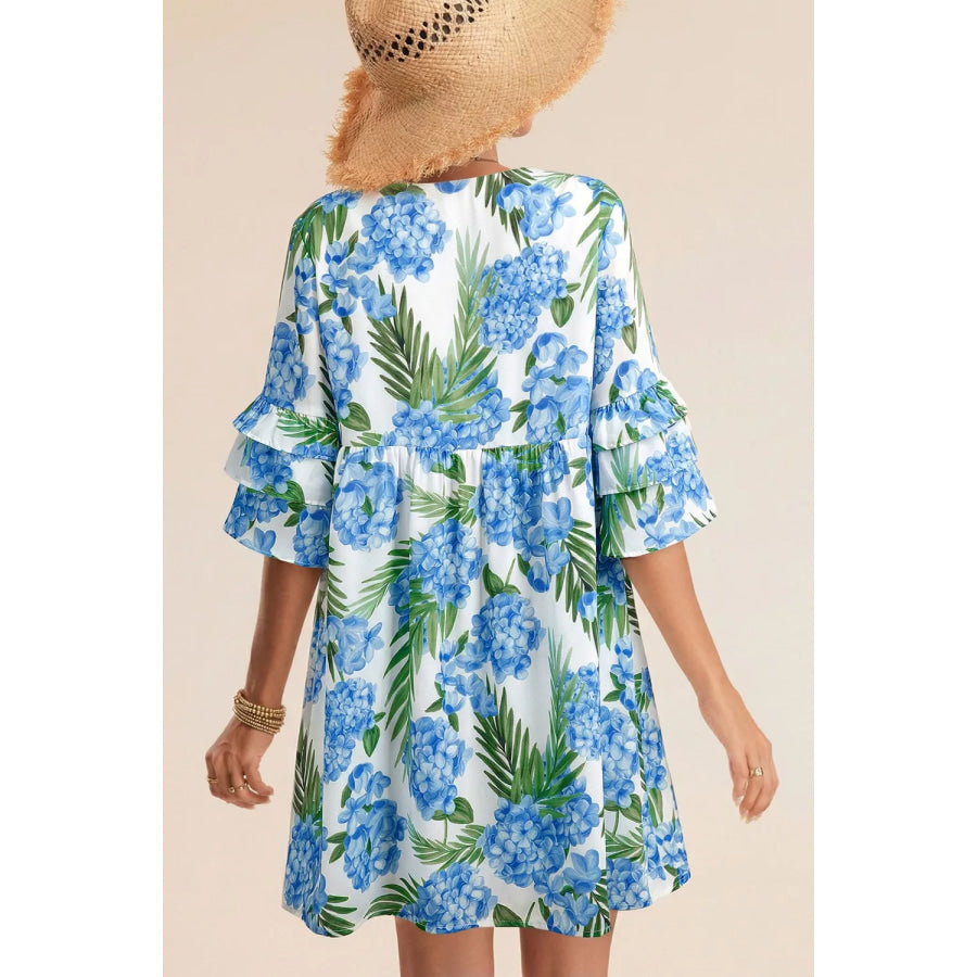 Palm Floral Print Contrast Ribbon Knot Ruffle Tiered Sleeve Mini Dress Apparel and Accessories