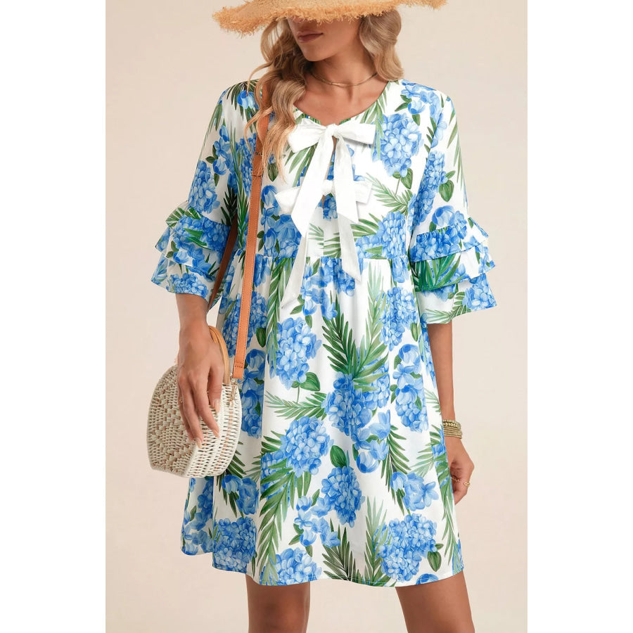 Palm Floral Print Contrast Ribbon Knot Ruffle Tiered Sleeve Mini Dress Light Blue / S Apparel and Accessories