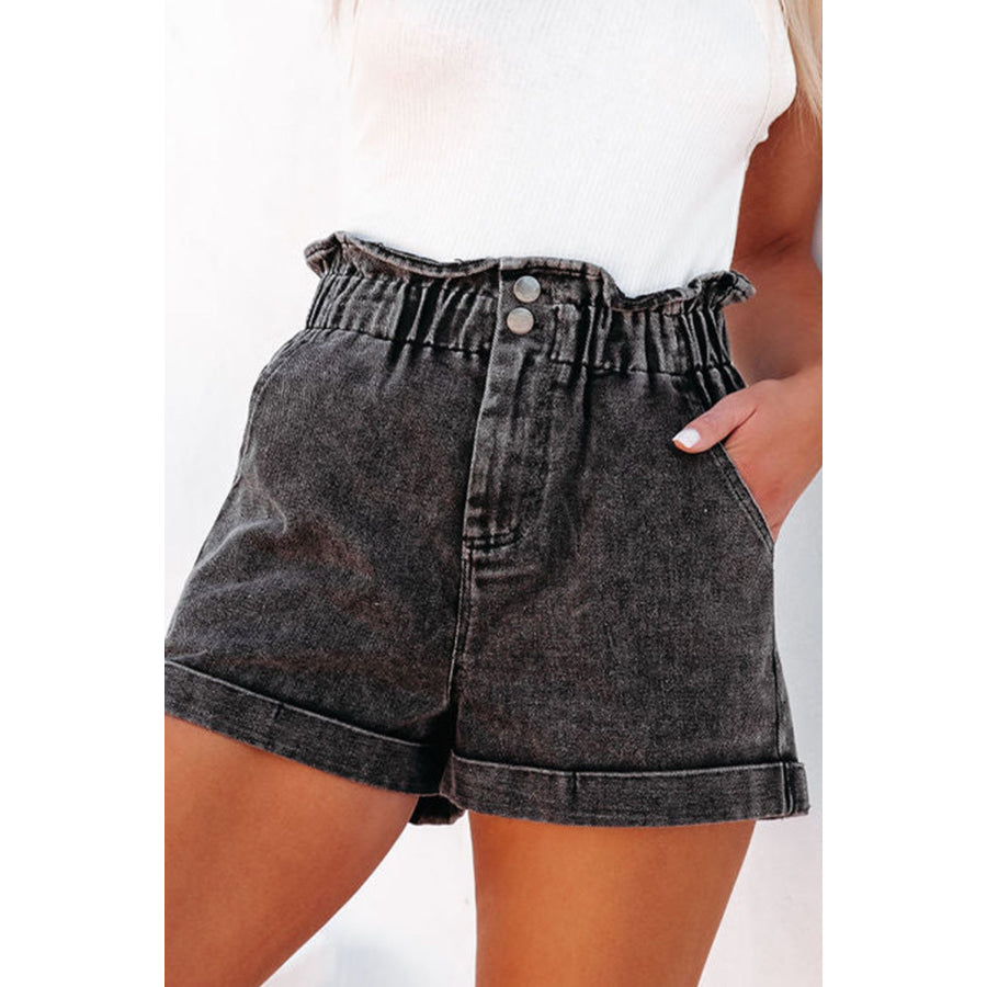 Paperbag Waist Denim Shorts with Pockets Apparel and Accessories