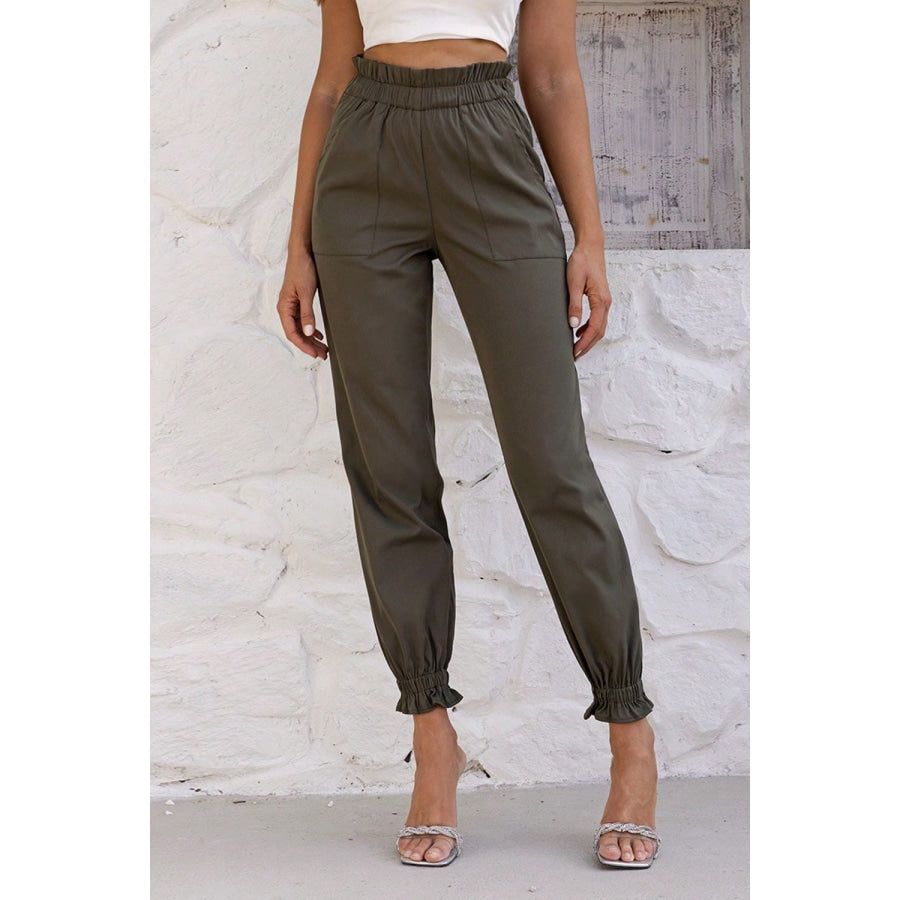 Paperbag Waist Pants with Pockets Olive Brown / XS