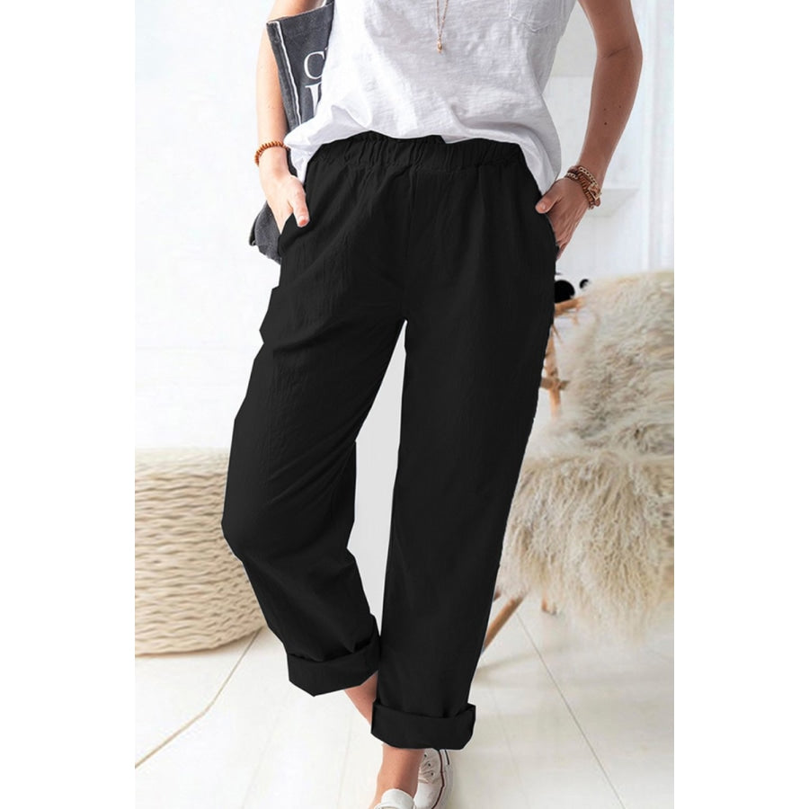 Paperbag Waist Pull-On Pants with Pockets Black / S