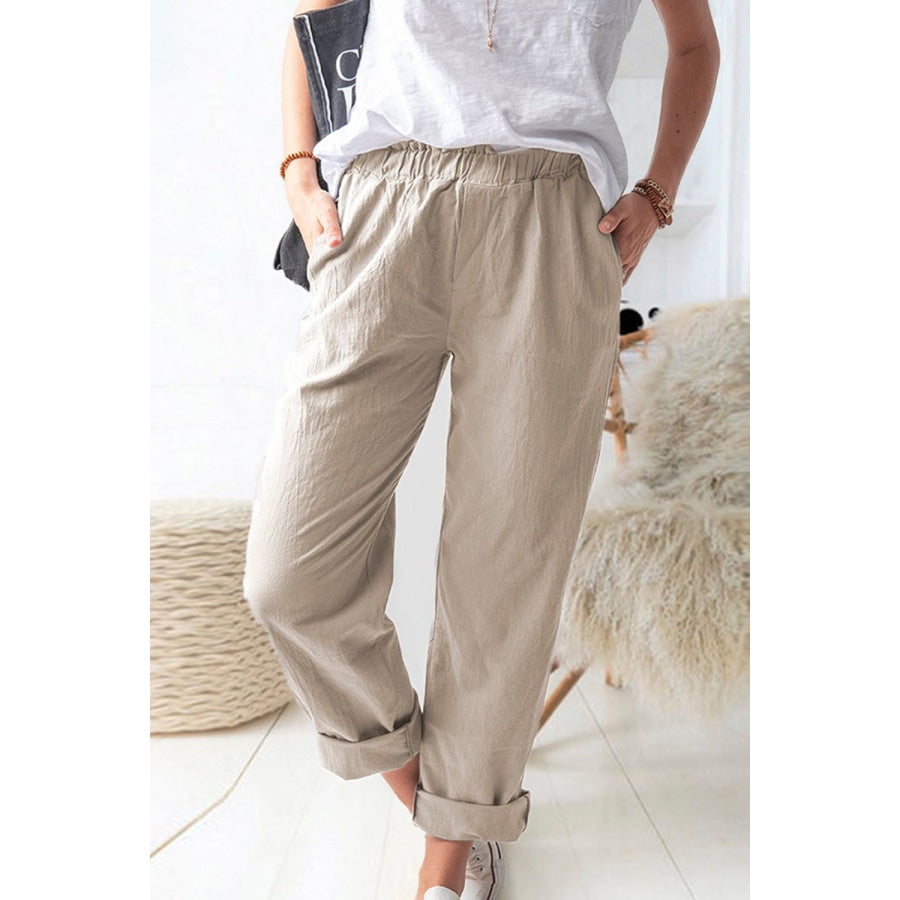 Paperbag Waist Pull-On Pants with Pockets Khaki / S