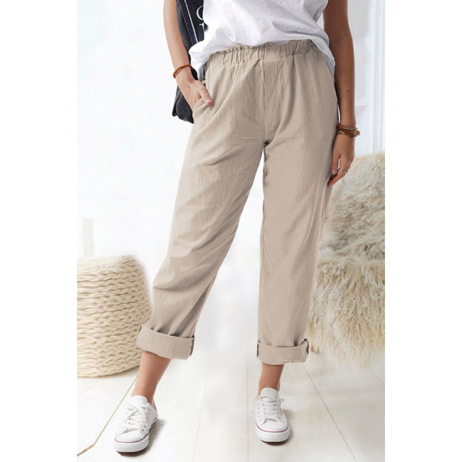 Paperbag Waist Pull-On Pants with Pockets