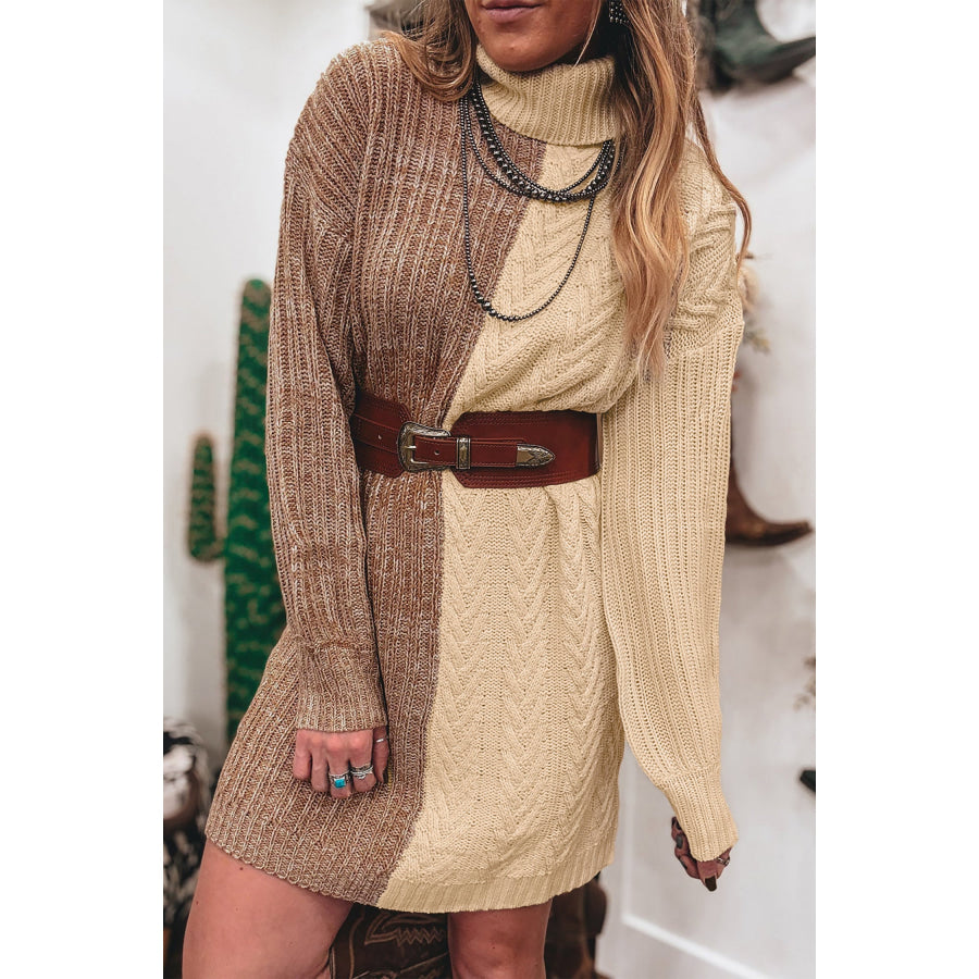 Parchment Cable Contrast Color Block Turtleneck Sweater Mini Dress / S Sweaters & Cardigans/Sweater Dresses
