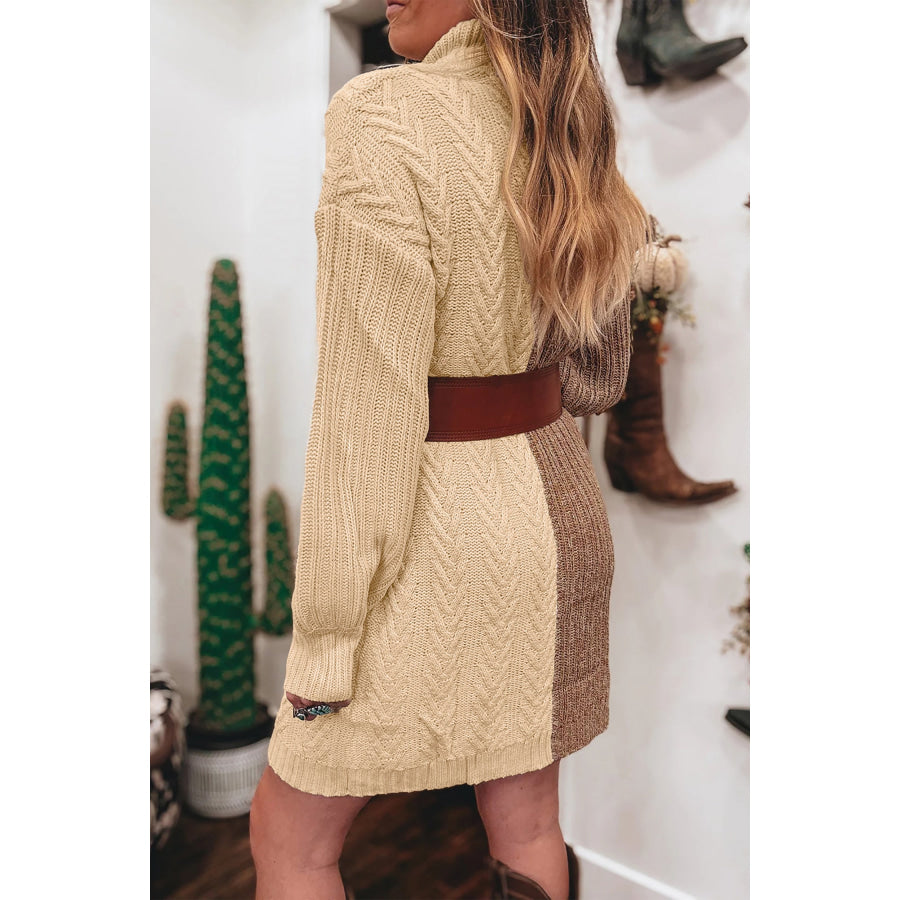 Parchment Cable Contrast Color Block Turtleneck Sweater Mini Dress / S Sweaters & Cardigans/Sweater Dresses
