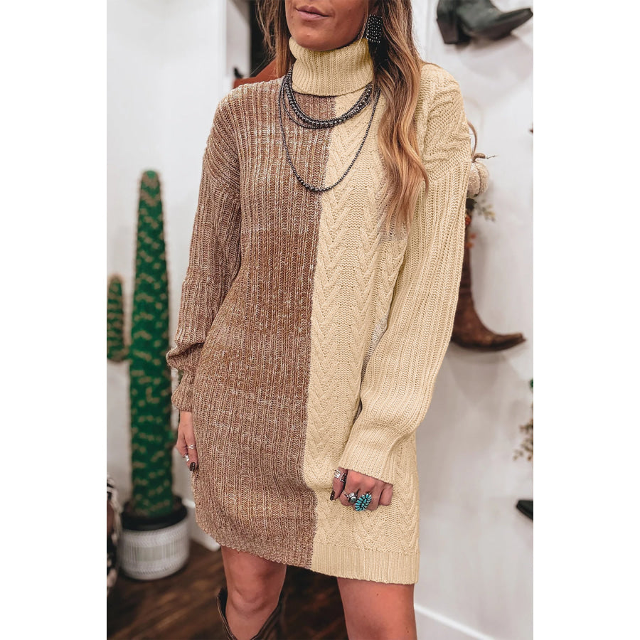Parchment Cable Contrast Color Block Turtleneck Sweater Mini Dress Sweaters & Cardigans/Sweater Dresses