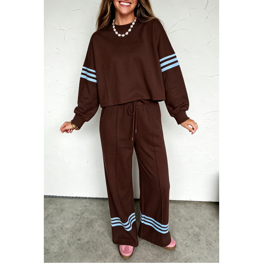 Parchment Contrasting Striped Detail Long Sleeve Top Loose Pants 2pcs Set Coffee / S Two Piece Sets/Pant Sets