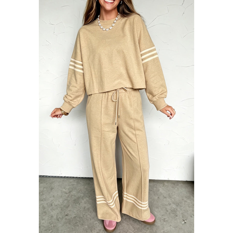 Parchment Contrasting Striped Detail Long Sleeve Top Loose Pants 2pcs Set / S Two Piece Sets/Pant Sets