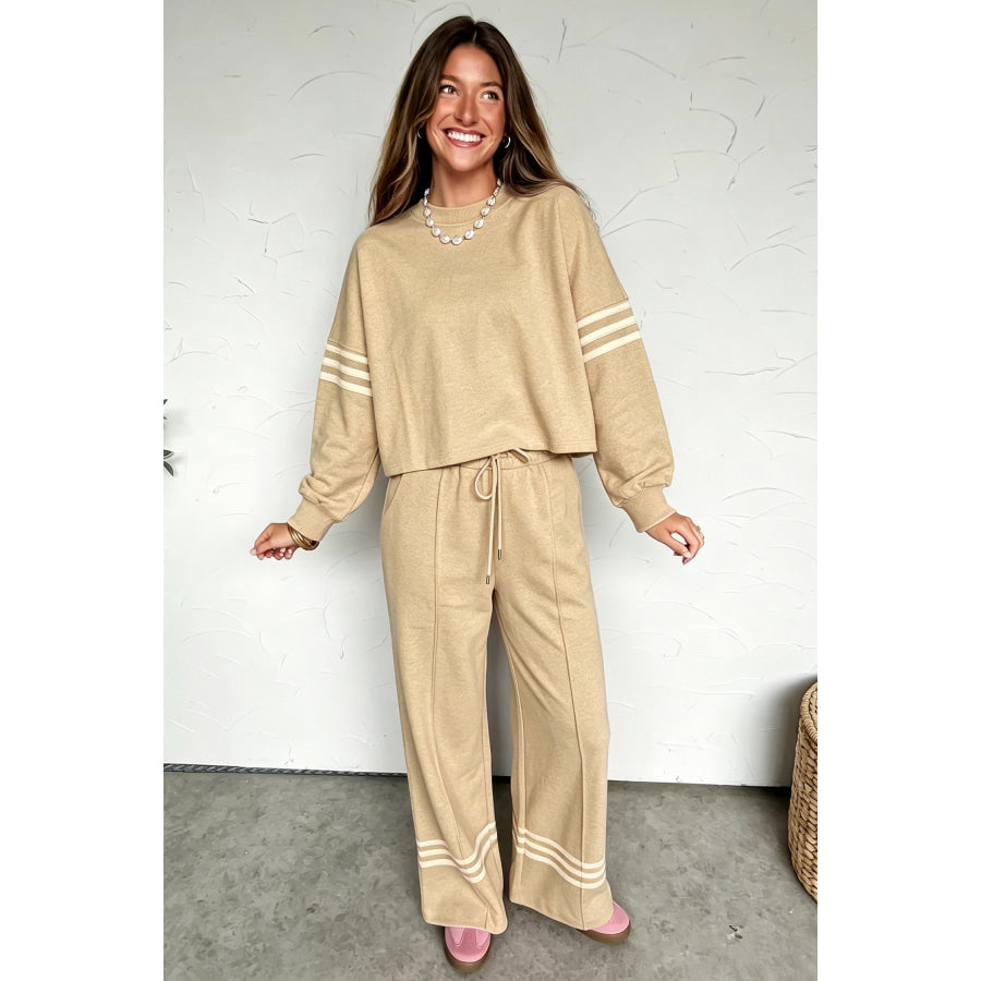 Parchment Contrasting Striped Detail Long Sleeve Top Loose Pants 2pcs Set Two Piece Sets/Pant Sets