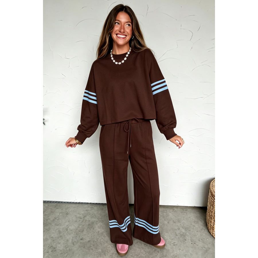 Parchment Contrasting Striped Detail Long Sleeve Top Loose Pants 2pcs Set Two Piece Sets/Pant Sets