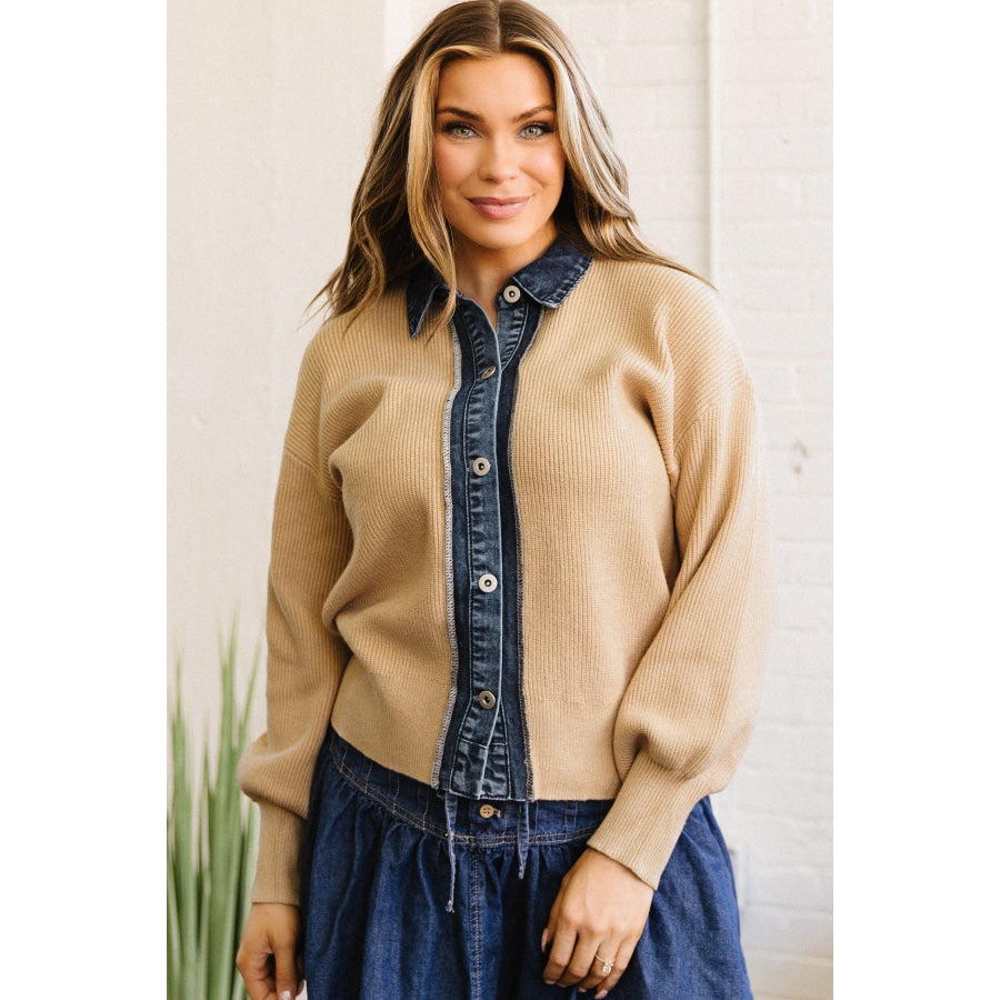 Parchment Drop Shoulder Placket Paneling Shirt Collar Long Sleeve Cardigan Parchment / S / 52% Viscose + 26% Polyester + 22% Polyamide