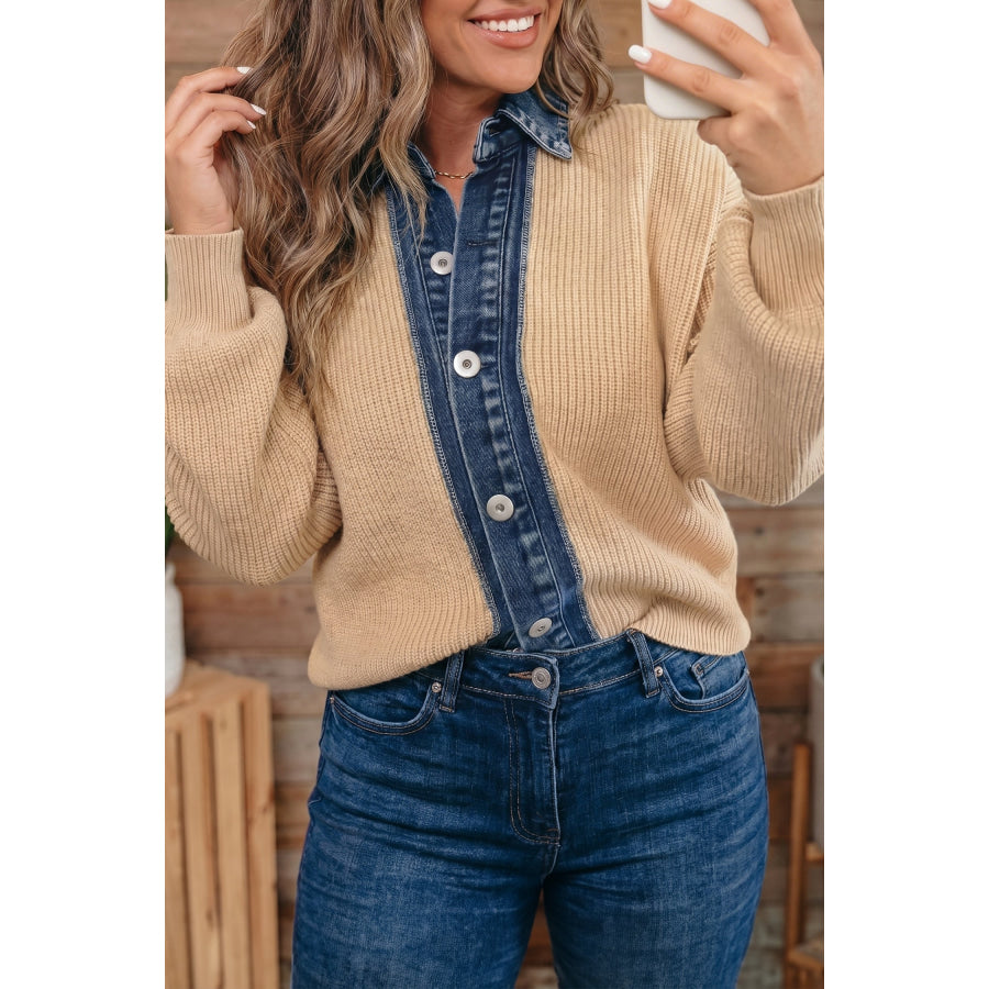 Parchment Drop Shoulder Placket Paneling Shirt Collar Long Sleeve Cardigan Sweaters & Cardigans/Cardigans