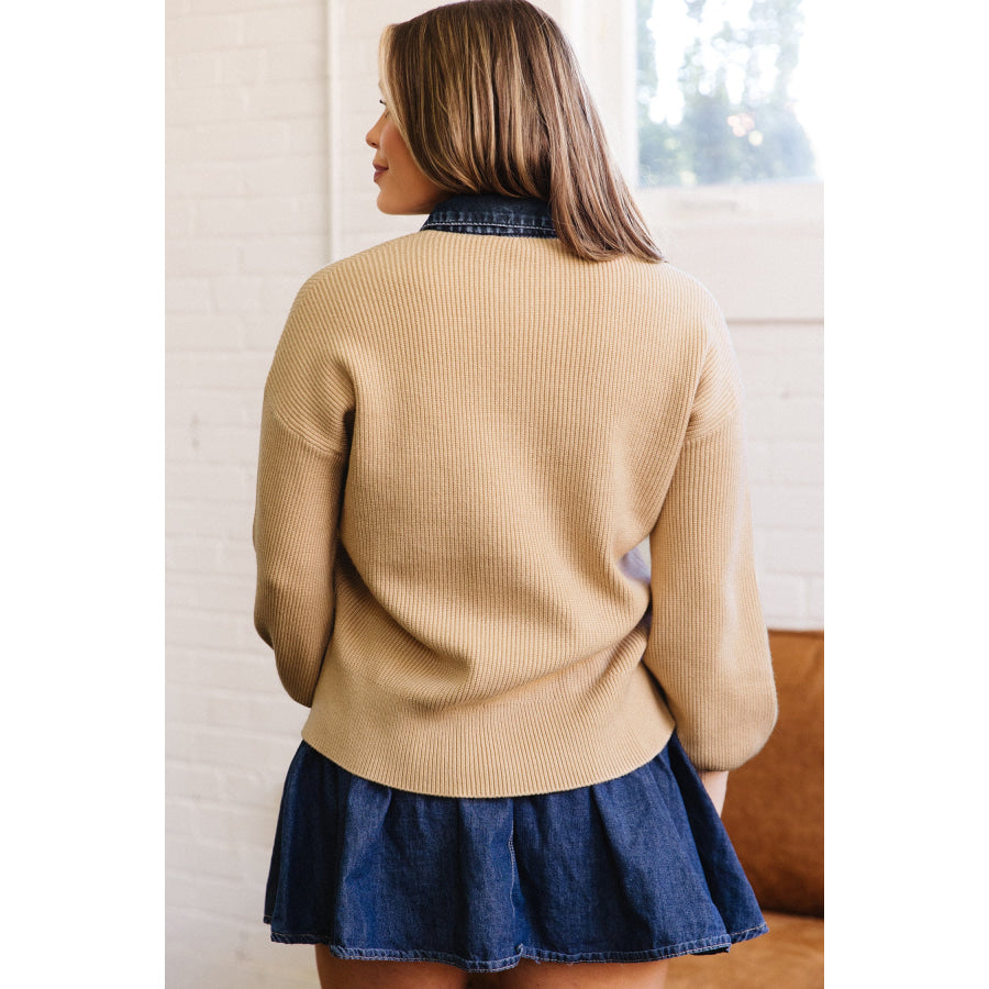 Parchment Drop Shoulder Placket Paneling Shirt Collar Long Sleeve Cardigan Sweaters & Cardigans/Cardigans