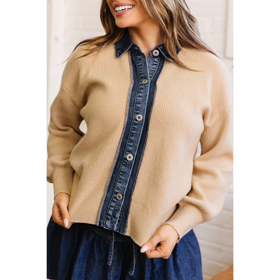 Parchment Drop Shoulder Placket Paneling Shirt Collar Long Sleeve Cardigan Sweaters & Cardigans/Cardigans