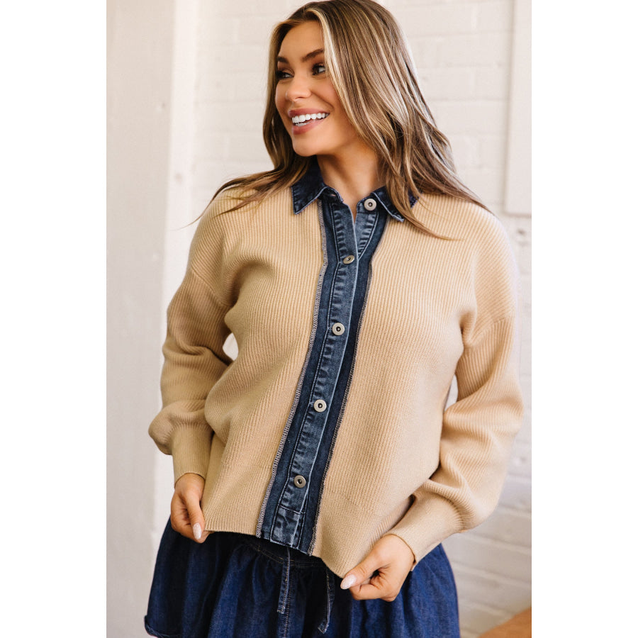 Parchment Drop Shoulder Placket Paneling Shirt Collar Long Sleeve Cardigan Sweaters & Cardigans/Cardigans