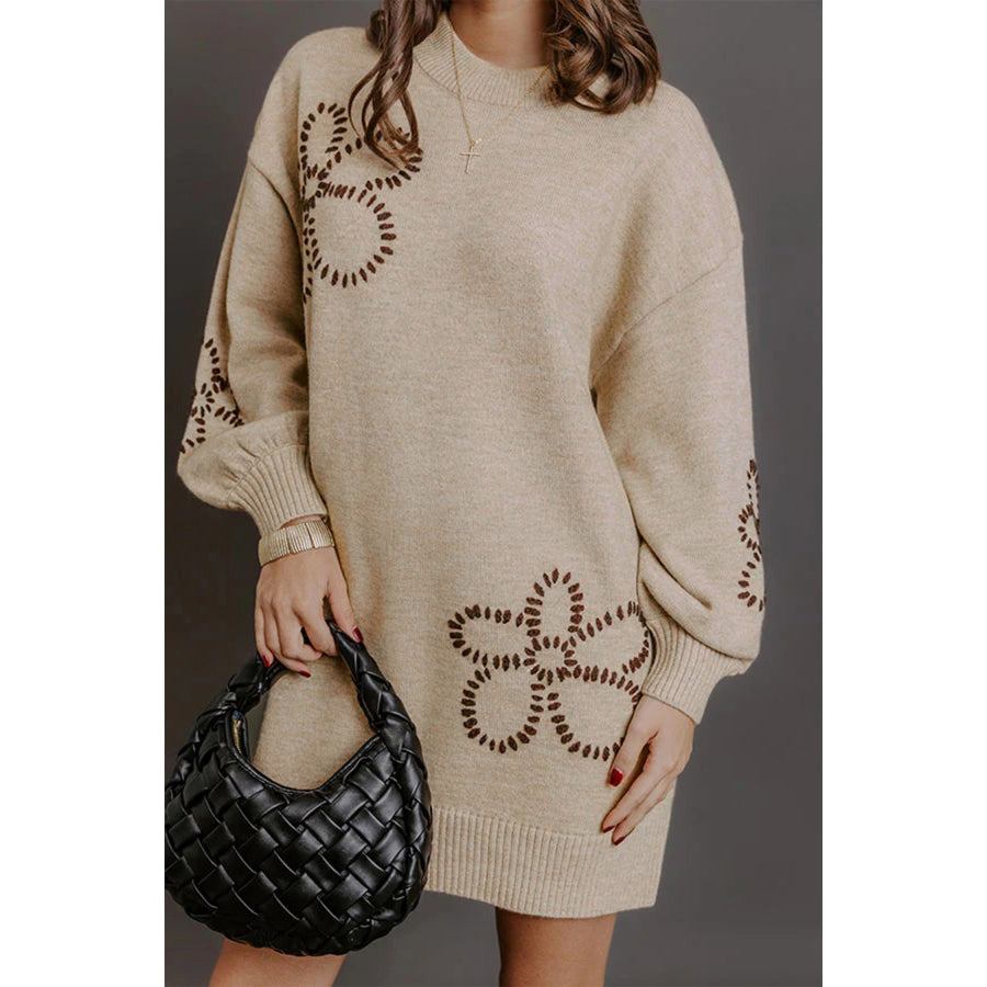Parchment Floral Pattern Round Neck Puff Sleeve Shift Sweater Dress / S Sweaters & Cardigans/Sweater Dresses