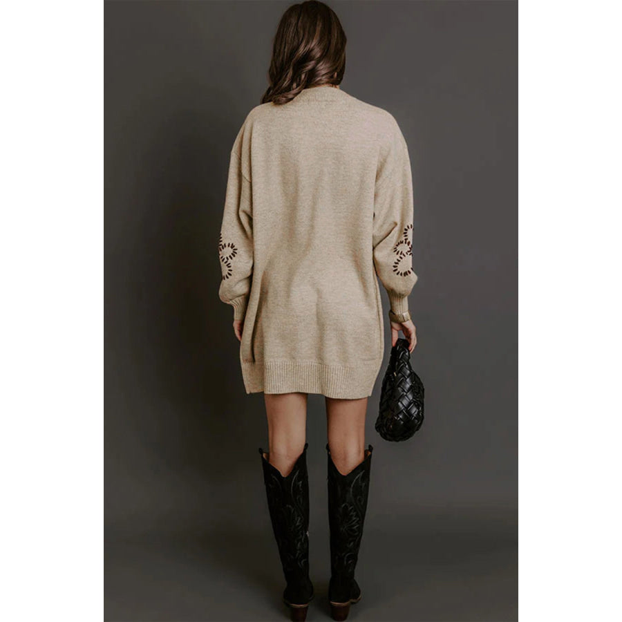 Parchment Floral Pattern Round Neck Puff Sleeve Shift Sweater Dress Sweaters & Cardigans/Sweater Dresses