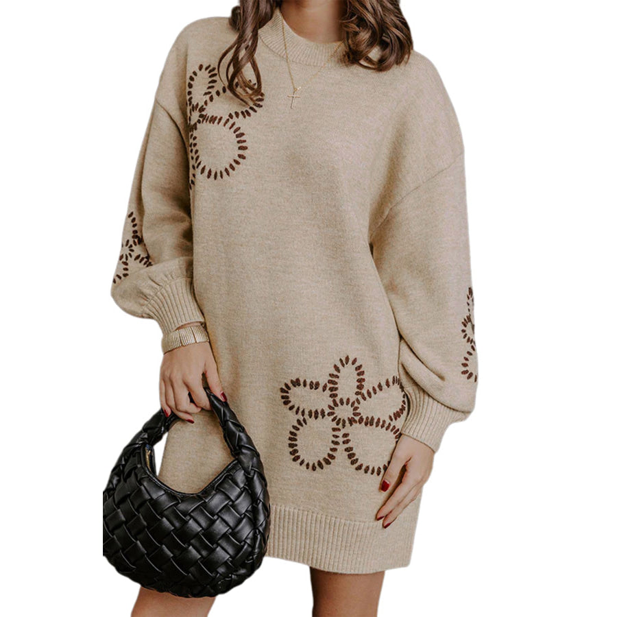 Parchment Floral Pattern Round Neck Puff Sleeve Shift Sweater Dress Sweaters & Cardigans/Sweater Dresses