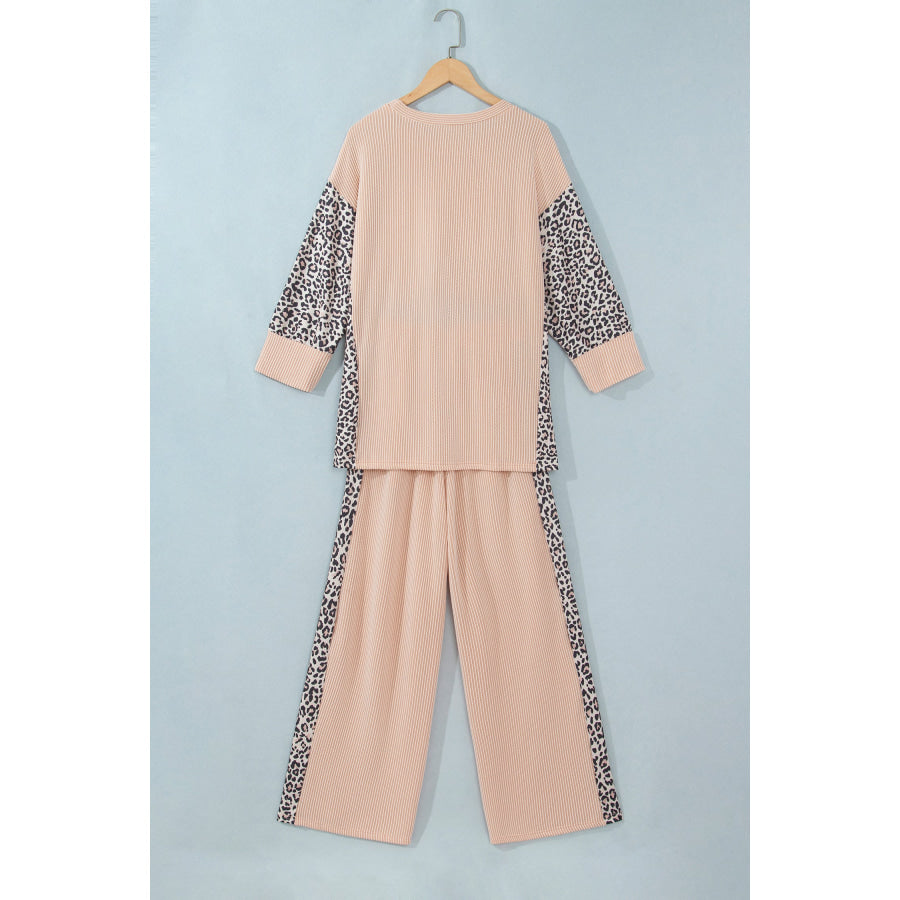 Parchment Leopard Print Twisted Ribbed Patchwork Long Sleeve Top Loose Pant Set Two Piece Sets/Pant Sets
