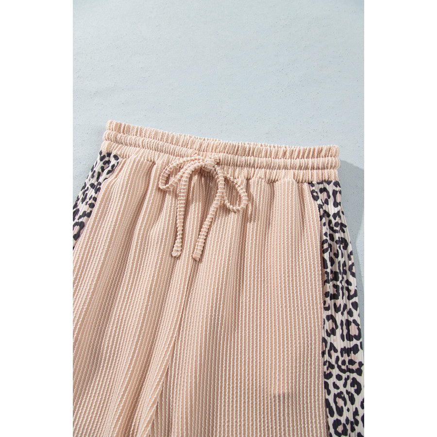 Parchment Leopard Print Twisted Ribbed Patchwork Long Sleeve Top Loose Pant Set Two Piece Sets/Pant Sets
