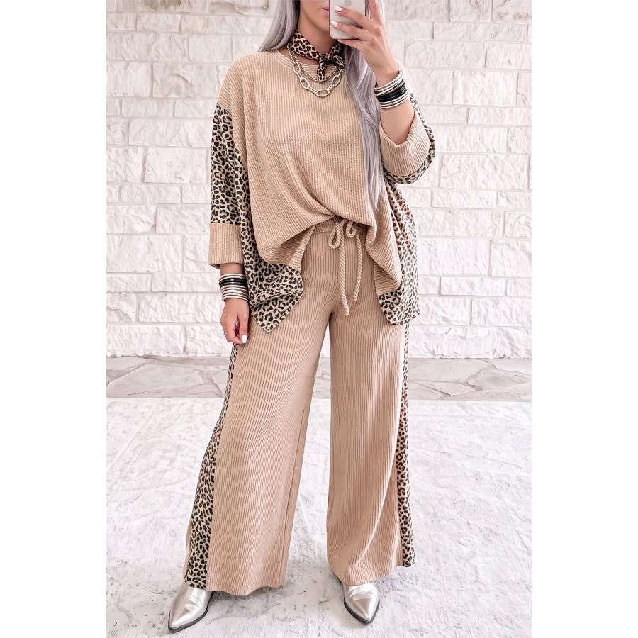 Parchment Leopard Print Twisted Ribbed Patchwork Long Sleeve Top Loose Pant Set Two Piece Sets/Pant Sets