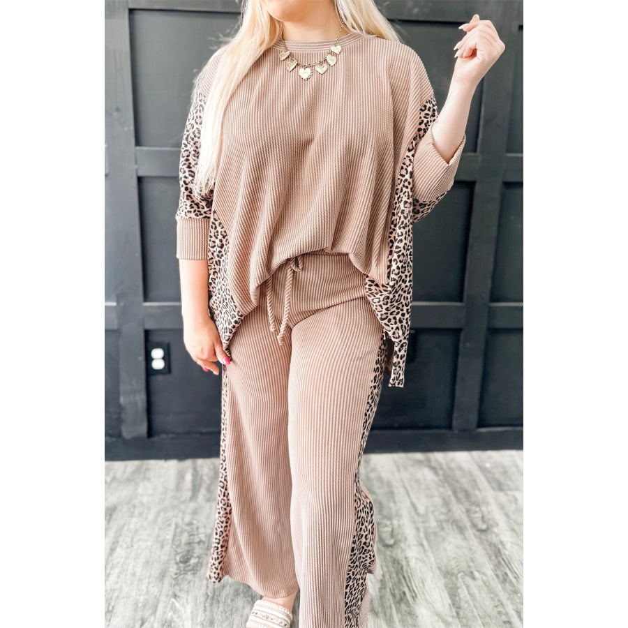 Parchment Leopard Print Twisted Ribbed Patchwork Long Sleeve Top Loose Pant Set Two Piece Sets/Pant Sets