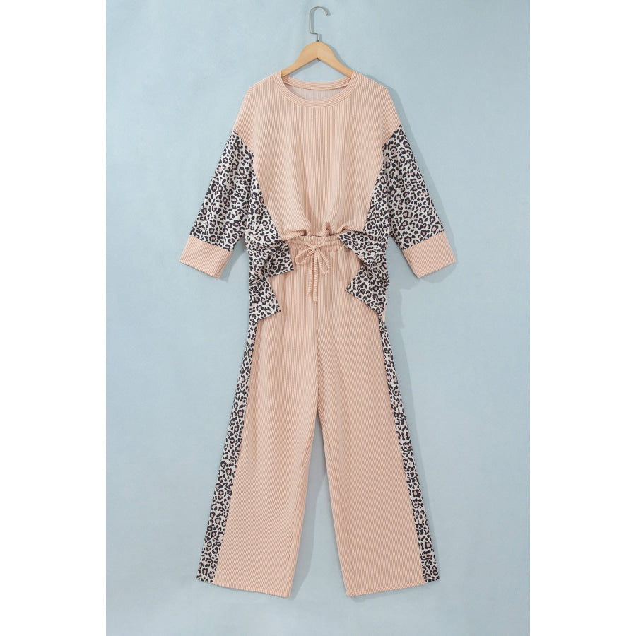 Parchment Leopard Print Twisted Ribbed Patchwork Long Sleeve Top Loose Pant Set Two Piece Sets/Pant Sets