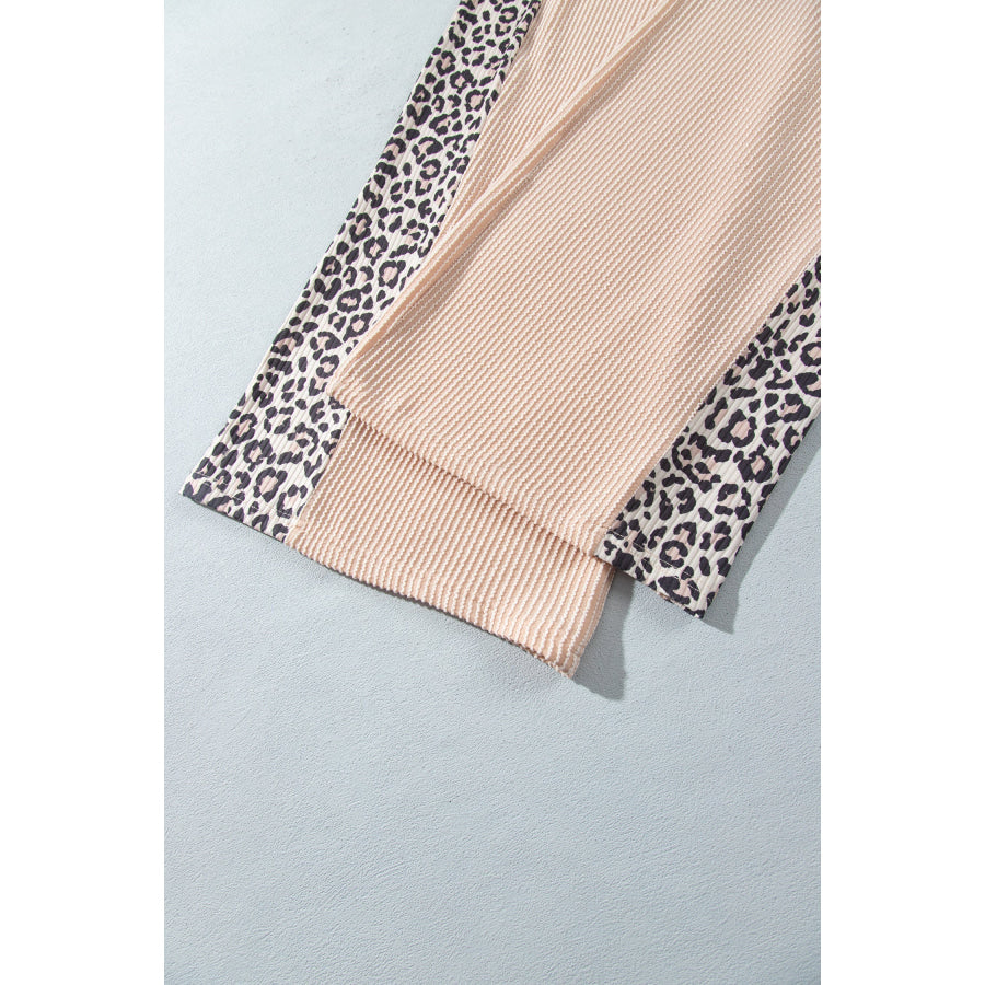 Parchment Leopard Print Twisted Ribbed Patchwork Long Sleeve Top Loose Pant Set Two Piece Sets/Pant Sets