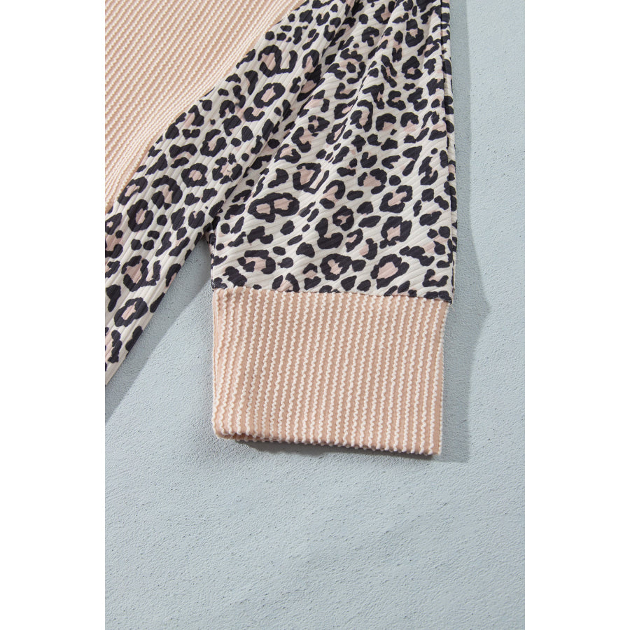 Parchment Leopard Print Twisted Ribbed Patchwork Long Sleeve Top Loose Pant Set Two Piece Sets/Pant Sets