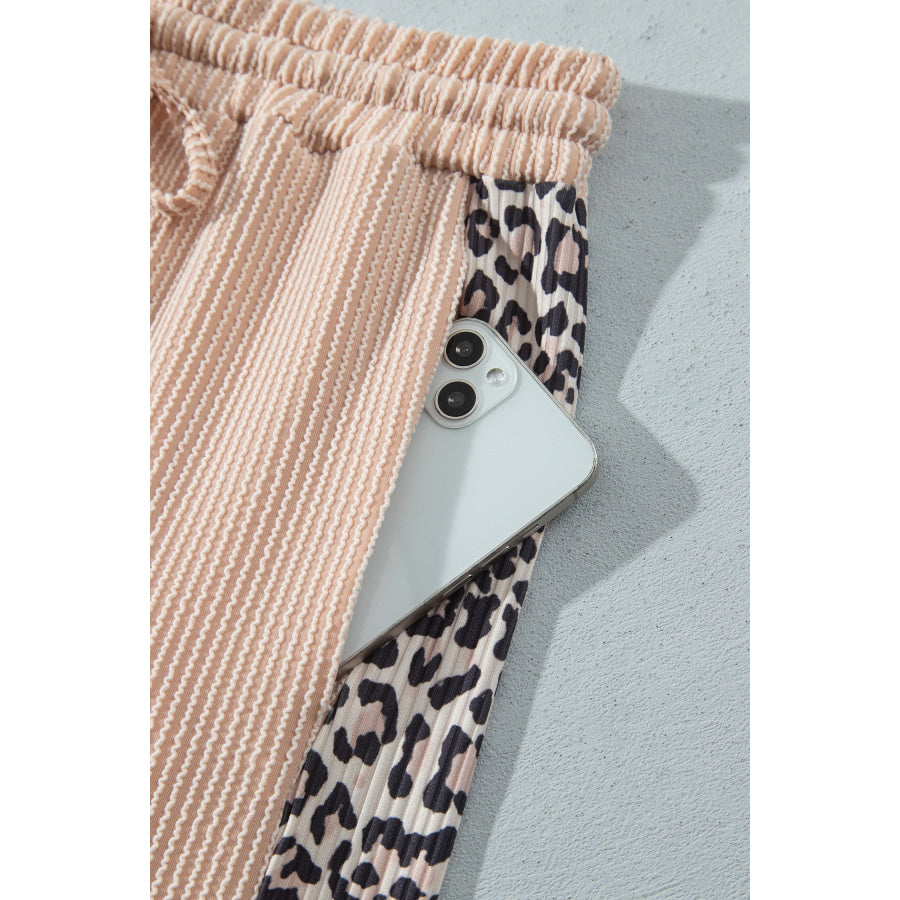 Parchment Leopard Print Twisted Ribbed Patchwork Long Sleeve Top Loose Pant Set Two Piece Sets/Pant Sets