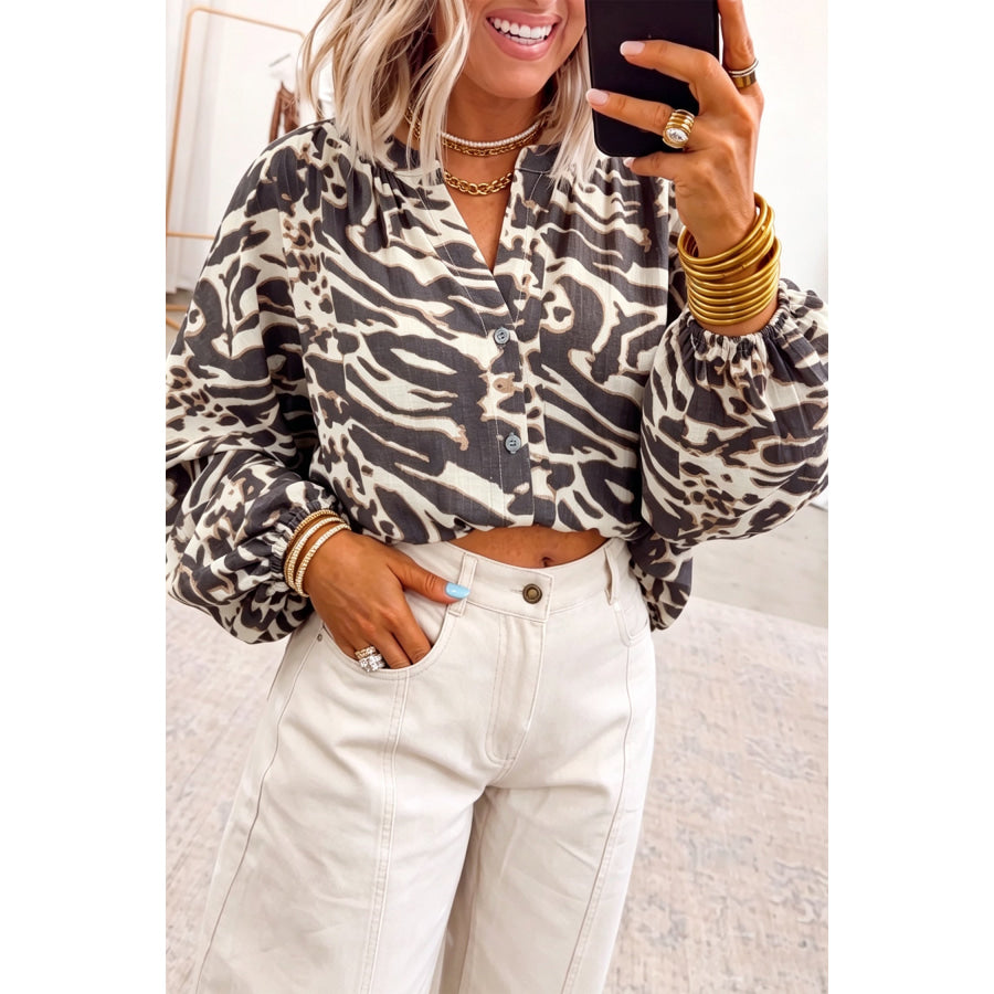 Parchment Leopard Print V Neck Button Down Balloon Sleeve Shirt / S / 83% Viscose + 17% Polyamide Tops/Blouses & Shirts