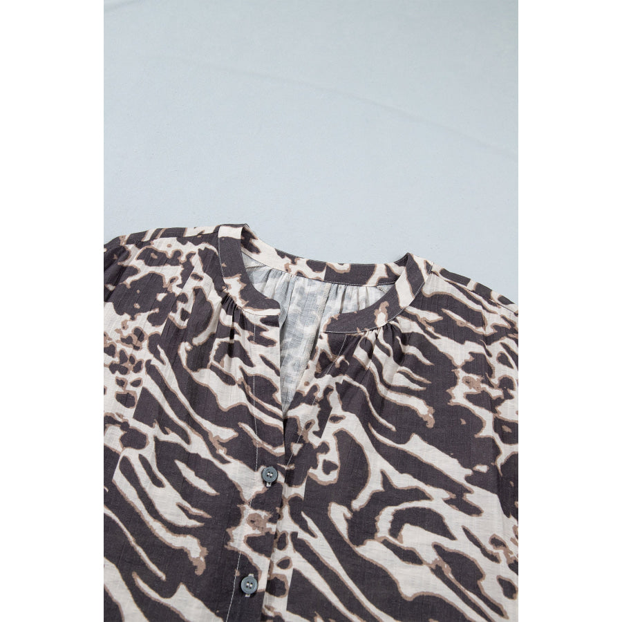 Parchment Leopard Print V Neck Button Down Balloon Sleeve Shirt Tops/Blouses & Shirts