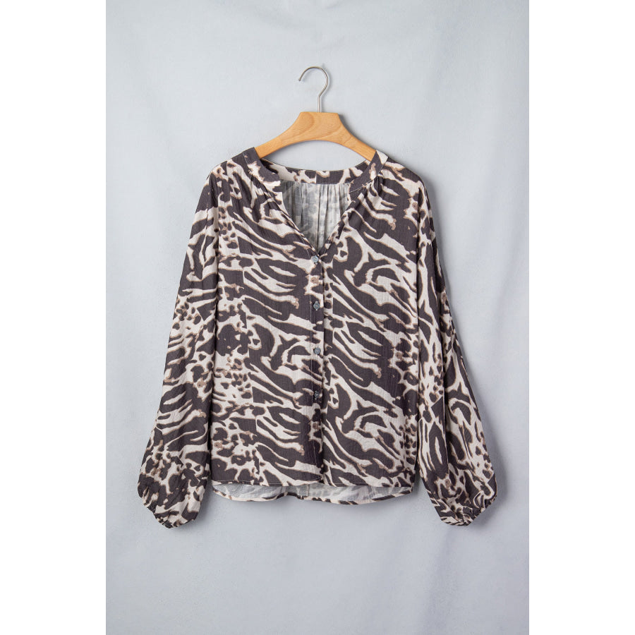 Parchment Leopard Print V Neck Button Down Balloon Sleeve Shirt Tops/Blouses & Shirts