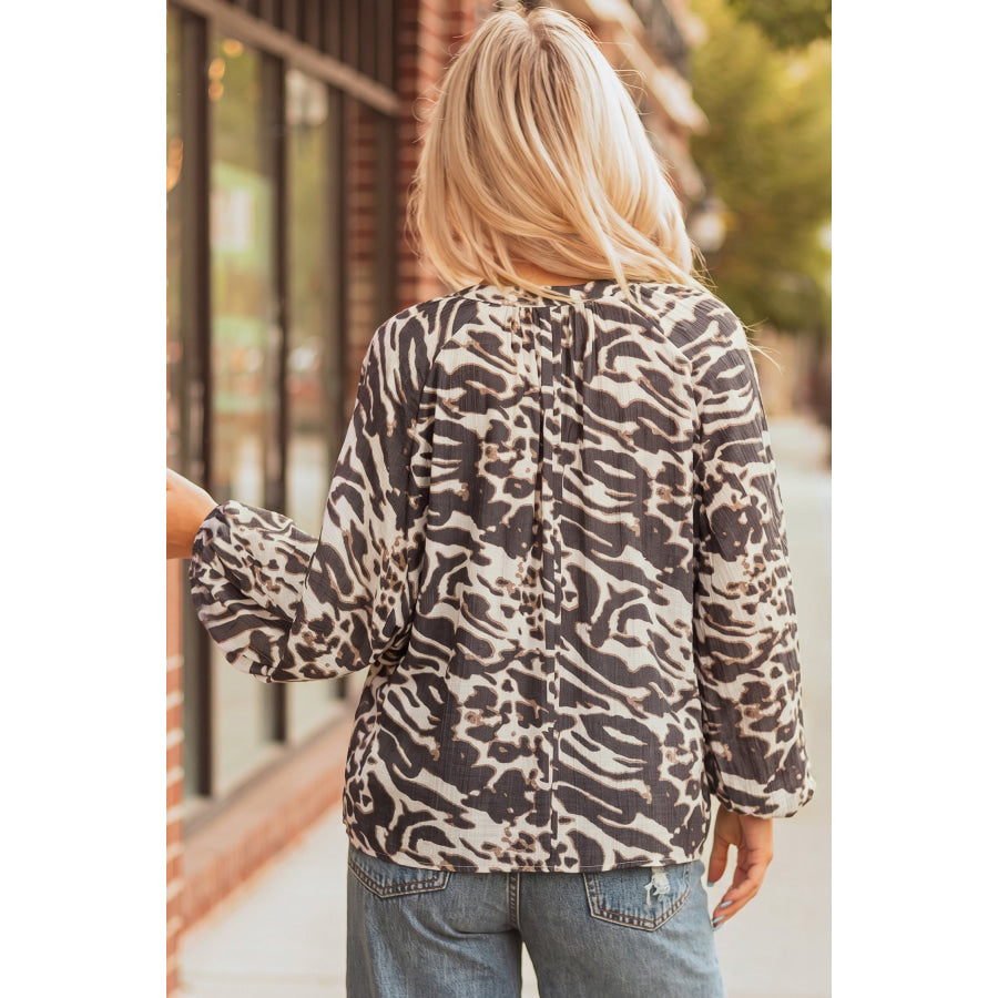 Parchment Leopard Print V Neck Button Down Balloon Sleeve Shirt Tops/Blouses & Shirts