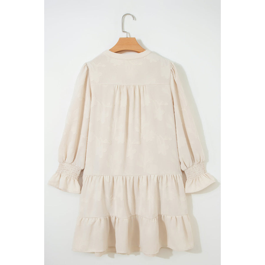 Parchment Long Sleeve Notched Neck Jacquard Tiered Mini Dress Dresses/Mini Dresses
