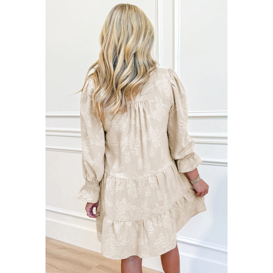 Parchment Long Sleeve Notched Neck Jacquard Tiered Mini Dress Dresses/Mini Dresses