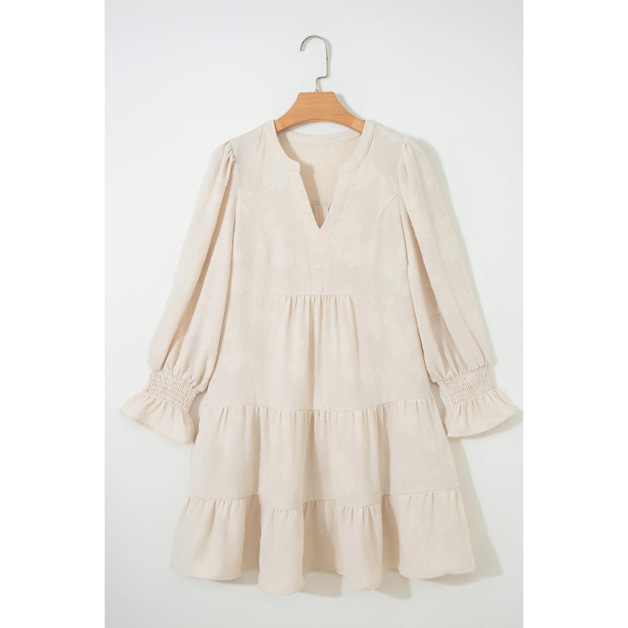 Parchment Long Sleeve Notched Neck Jacquard Tiered Mini Dress Dresses/Mini Dresses