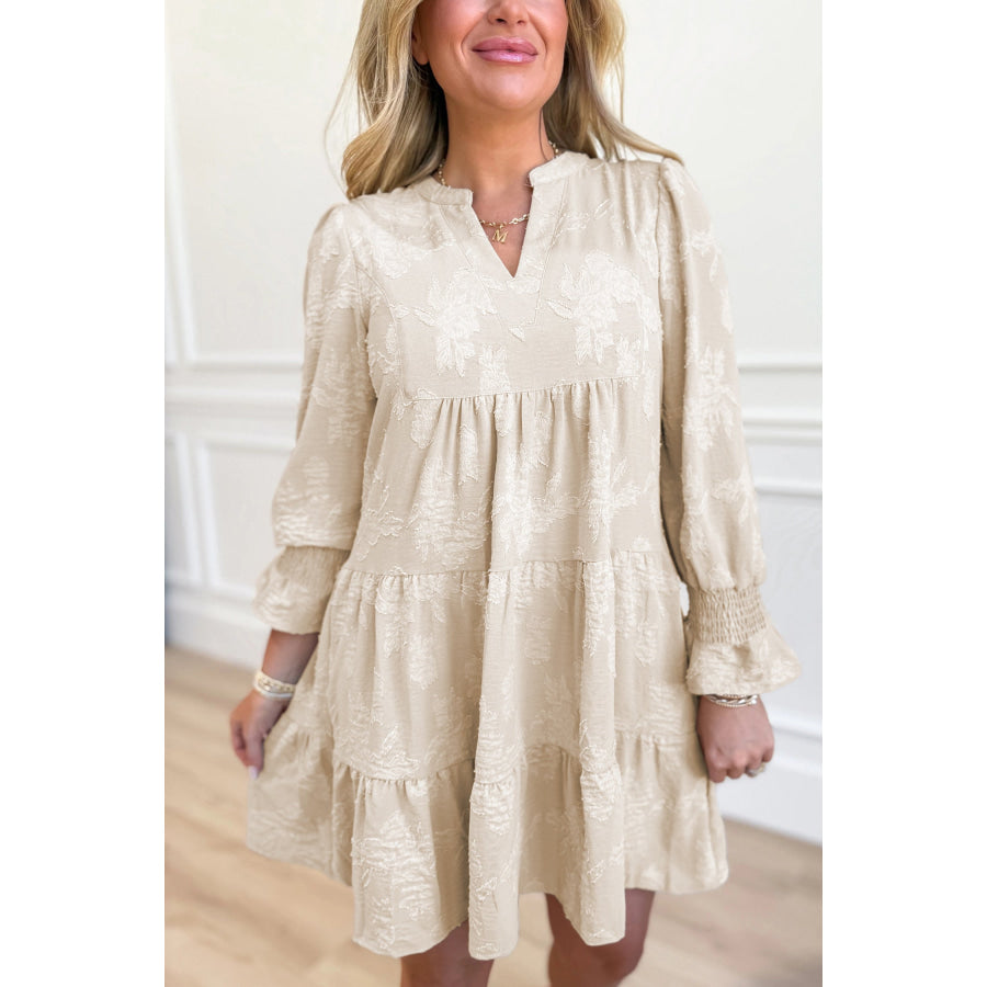 Parchment Long Sleeve Notched Neck Jacquard Tiered Mini Dress Parchment / S / 100% Polyester Dresses/Mini Dresses