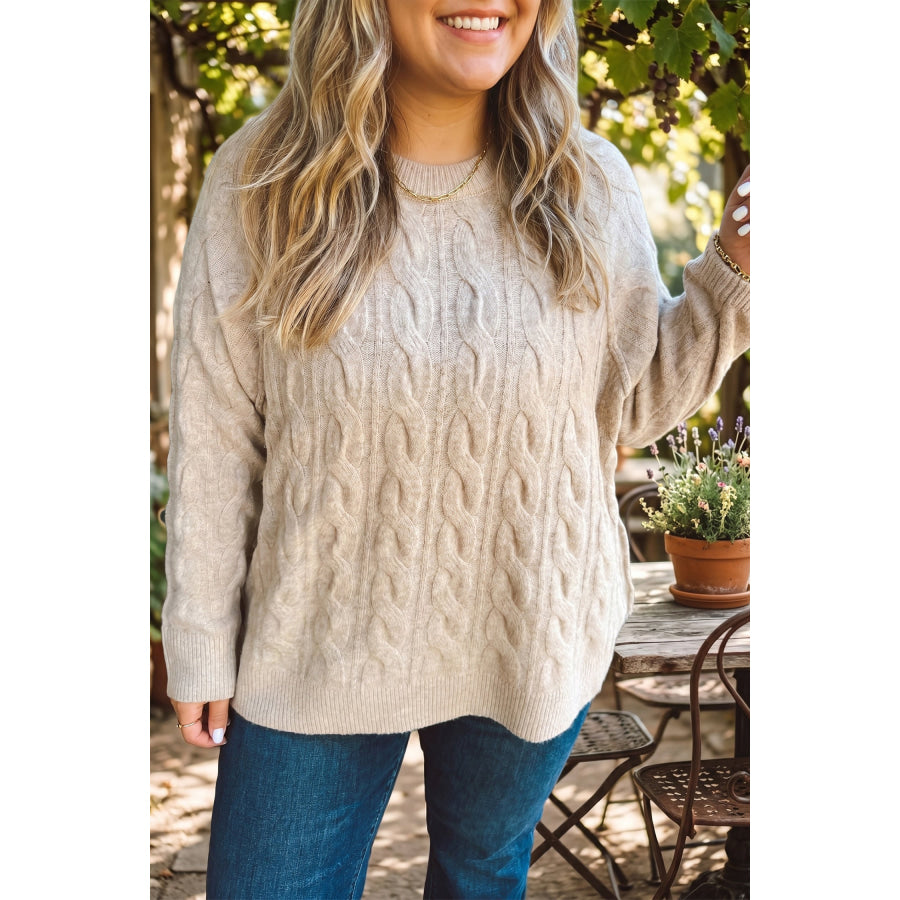 Parchment Oversized Cable Knit Long Sleeve Round Neck Tunic Length Plus Size Sweater Parchment / 1X / 52% Viscose + 26% Polyester + 22%