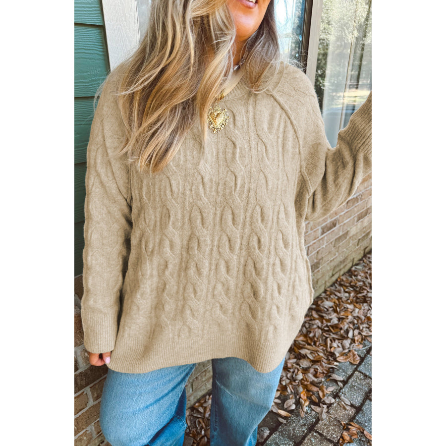 Parchment Oversized Cable Knit Long Sleeve Round Neck Tunic Length Plus Size Sweater Plus Size/Plus Size Sweaters & Cardigans